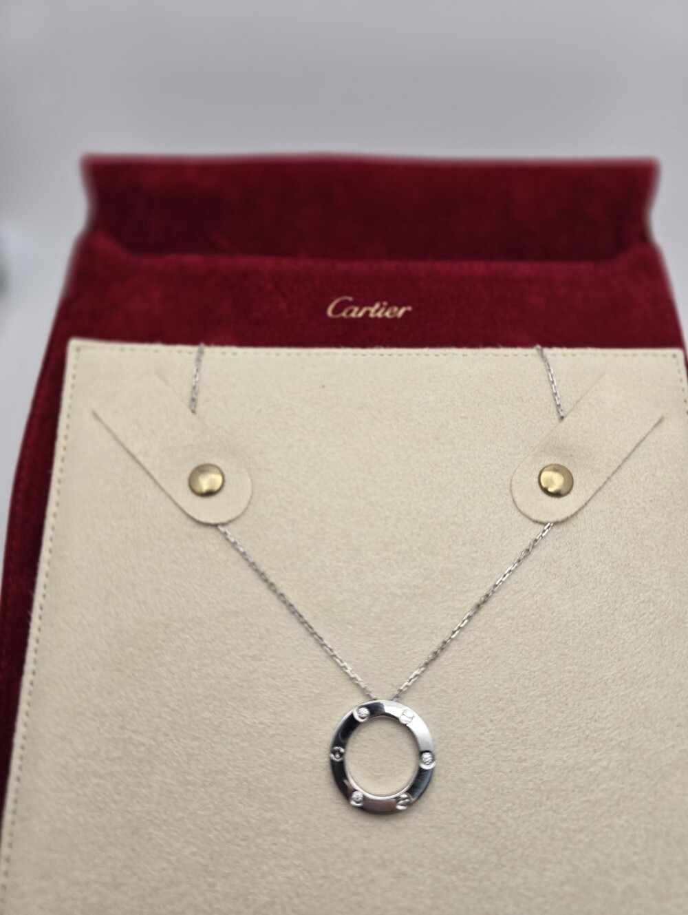 $6050 Authentic Cartier Love Pendant Necklace, 3 Diamonds, 18K White Gold, 18"